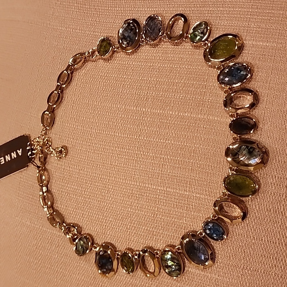 New Gold-Tone Blue Multi Faceted Stone Collar Necklace NWT